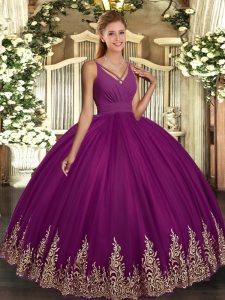 Fuchsia Ball Gowns Appliques Sweet 16 Dress Backless Tulle Sleeveless Floor Length