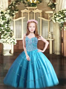 Baby Blue Ball Gowns Tulle Straps Sleeveless Beading Floor Length Lace Up Pageant Dress Womens