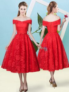Dramatic Red Off The Shoulder Lace Up Bowknot Quinceanera Court of Honor Dress Cap Sleeves