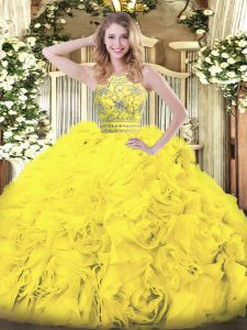 Fabulous Sleeveless Tulle Floor Length Zipper Sweet 16 Dresses in Gold with Beading and Ruffles