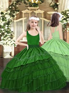 Wonderful Organza Scoop Sleeveless Zipper Beading and Embroidery and Ruffled Layers Little Girls Pageant Dress Wholesale in Dark Green