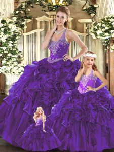Suitable Purple Straps Lace Up Beading and Ruffles Quinceanera Dresses Sleeveless