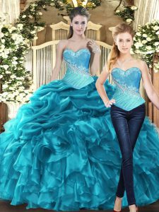 Popular Sleeveless Floor Length Beading and Ruffles Lace Up Quinceanera Gown with Aqua Blue
