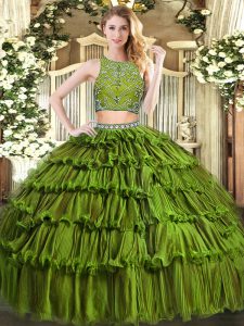 Olive Green Sleeveless Tulle Zipper Quinceanera Gowns for Military Ball and Sweet 16 and Quinceanera