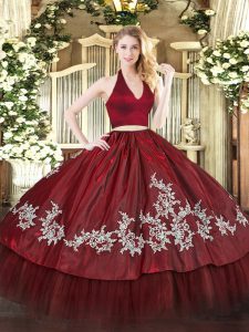 Floor Length Burgundy Quinceanera Gown Taffeta Sleeveless Appliques