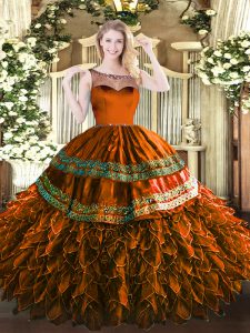 Floor Length Rust Red 15 Quinceanera Dress Organza and Taffeta Sleeveless Beading and Appliques and Ruffles