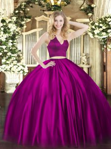 Sleeveless Satin Floor Length Zipper Quinceanera Gowns in Fuchsia with Ruching