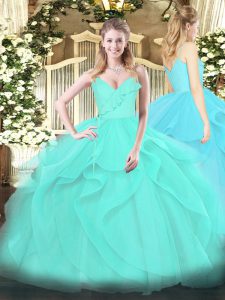 Shining Floor Length Zipper Quinceanera Gowns Aqua Blue for Military Ball and Sweet 16 and Quinceanera with Ruffles