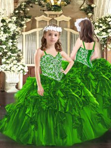Great Green Sleeveless Beading and Ruffles Floor Length Kids Formal Wear