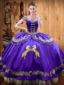 Floor Length Eggplant Purple Sweet 16 Dress Satin and Organza Sleeveless Beading and Embroidery
