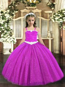 Ball Gowns Pageant Gowns For Girls Fuchsia Straps Tulle Sleeveless Floor Length Zipper