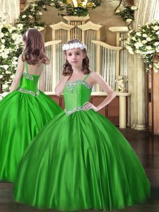Gorgeous Green Ball Gowns Straps Sleeveless Satin Floor Length Lace Up Beading Child Pageant Dress