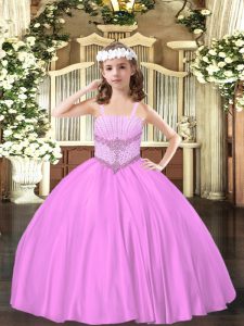Stylish Lilac Satin Lace Up Straps Sleeveless Floor Length Pageant Dress for Teens Beading