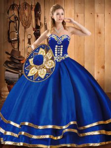 Chic Blue Ball Gowns Embroidery Quinceanera Gown Lace Up Satin and Tulle Sleeveless Floor Length