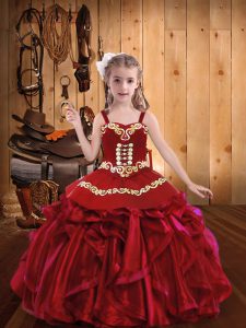 Inexpensive Red Little Girls Pageant Dress Party and Sweet 16 and Wedding Party with Embroidery and Ruffles Straps Sleeveless Lace Up