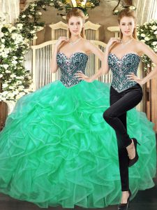 Turquoise Sleeveless Floor Length Beading and Ruffles Lace Up Quinceanera Dress
