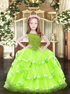 Beautiful Sleeveless Floor Length Beading and Ruffled Layers Zipper Little Girls Pageant Dress