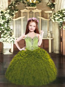 Olive Green Lace Up Girls Pageant Dresses Beading and Ruffles Sleeveless Floor Length