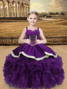 Admirable Eggplant Purple Straps Lace Up Beading and Ruffles Little Girls Pageant Dress Sleeveless