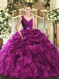 Clearance Ball Gowns Sweet 16 Dresses Fuchsia V-neck Organza Sleeveless Floor Length Backless