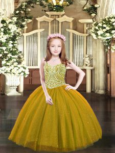Ball Gowns Little Girls Pageant Gowns Brown Straps Tulle Sleeveless Floor Length Lace Up