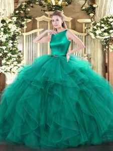 Elegant Turquoise Ball Gowns Scoop Sleeveless Organza Floor Length Clasp Handle Ruffles Quinceanera Dresses