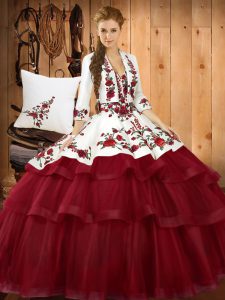 Sweetheart Sleeveless 15th Birthday Dress Sweep Train Embroidery Wine Red Organza