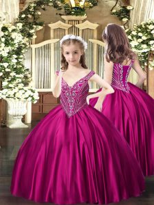 Cheap Floor Length Fuchsia Kids Formal Wear V-neck Sleeveless Lace Up
