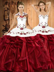 Perfect Halter Top Sleeveless Quinceanera Gowns Floor Length Embroidery and Ruffles Wine Red Organza