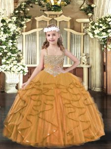 Super Tulle Straps Sleeveless Lace Up Beading and Ruffles Girls Pageant Dresses in Orange