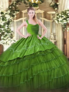 Straps Sleeveless Organza and Taffeta Quinceanera Gown Embroidery and Ruffled Layers Zipper