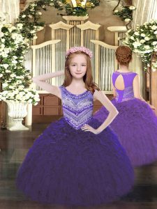 Beauteous Purple Sleeveless Beading and Ruffles Floor Length Pageant Gowns For Girls