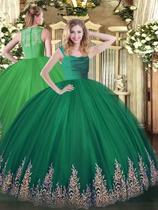 Floor Length Zipper Sweet 16 Quinceanera Dress Dark Green for Military Ball and Sweet 16 and Quinceanera with Lace and Appliques