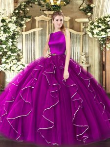 New Arrival Organza Scoop Sleeveless Clasp Handle Ruffles Sweet 16 Dresses in Fuchsia