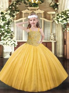 Luxurious Gold Pageant Gowns For Girls Party and Quinceanera with Beading Straps Sleeveless Lace Up