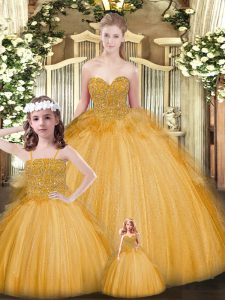 Gold Sleeveless Beading and Ruffles Floor Length Sweet 16 Dresses