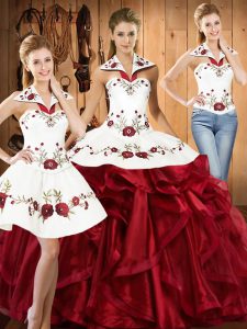 Romantic Sleeveless Floor Length Embroidery and Ruffles Lace Up 15th Birthday Dress with Wine Red