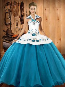 Teal Lace Up Quince Ball Gowns Embroidery Sleeveless Floor Length