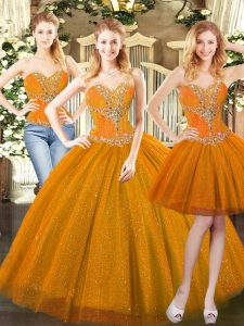 Classical Orange Red Sleeveless Floor Length Beading Lace Up Sweet 16 Dresses