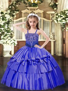 Inexpensive Ball Gowns Little Girls Pageant Dress Wholesale Blue Straps Organza Sleeveless Floor Length Lace Up