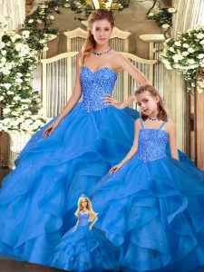 Glittering Sweetheart Sleeveless Tulle 15 Quinceanera Dress Beading and Ruffles Lace Up