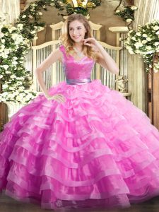 Ideal Sleeveless Organza Floor Length Zipper Quince Ball Gowns in Lilac with Ruffled Layers