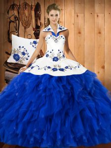 Hot Sale Blue And White Lace Up Halter Top Embroidery and Ruffles Quinceanera Dresses Satin and Organza Sleeveless