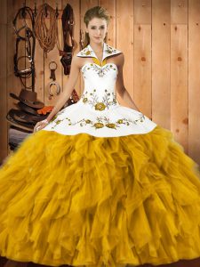 Gold Sleeveless Satin and Organza Lace Up Quinceanera Gown for Military Ball and Sweet 16 and Quinceanera
