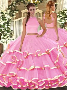 Suitable Beading and Ruffled Layers Sweet 16 Dresses Rose Pink Backless Sleeveless Floor Length