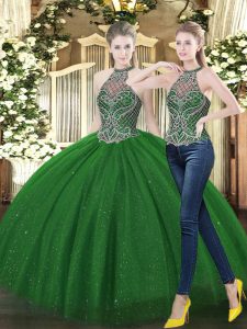 Custom Fit Sleeveless Floor Length Beading Lace Up Quinceanera Gown with Dark Green