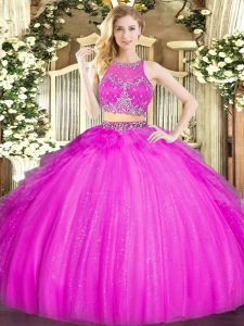 Decent Fuchsia Sleeveless Floor Length Beading and Ruffles Zipper Quinceanera Gown