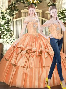 Ball Gowns Quinceanera Dresses Orange Red Off The Shoulder Organza Sleeveless Floor Length Lace Up