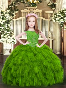 Green Ball Gowns Scoop Sleeveless Organza Floor Length Zipper Beading and Ruffles Little Girls Pageant Dress