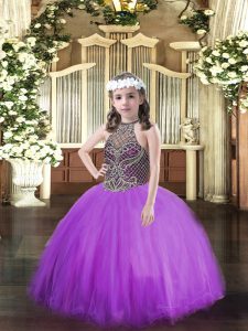 Eggplant Purple Tulle Lace Up Halter Top Sleeveless Floor Length Child Pageant Dress Beading